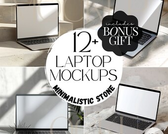 12 Minimalistic Stone Laptop Mockup Bundle | Macbook Pro Screen Mock Ups, Social Media Cover, Website Mocks, Canva Template for Etsy Sellers