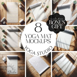 May include: Eight yoga mat mockups featuring different poses and angles. The mats are white and are displayed on a wooden floor. The text "Includes Bonus Gift" is visible in the image.