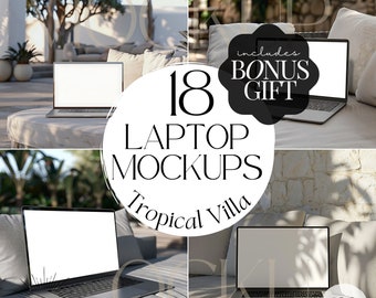 18 Tropical Villa Laptop Mockup Bundle | Lux Macbook Pro Screen Mock Ups, Social Media Cover, Website Mocks, Canva Template for Etsy Sellers