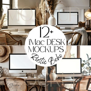 Peut inclure: Une collection de plus de 12 maquettes de bureau iMac avec une esthétique rustique bohème. Les maquettes montrent des iMac avec des écrans vierges sur des bureaux en bois avec des éléments naturels comme des plantes, des paniers tissés et des plaids.