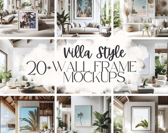 Villa Style Wall Frame Mockup Bundle | 20+ Realistic Living Room Mockups, Tropical Luxury, Blank Frame Wall Art Mock Ups, Canva Template