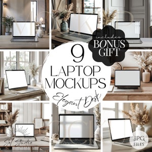 Pode incluir: Nove maquetes de laptops que apresentam uma variedade de ângulos e configurações, incluindo uma mesa com um vaso de flores secas, uma janela com luz natural e uma mesa de madeira com uma planta. As maquetes são perfeitas para mostrar designs de sites, interfaces de aplicativos ou outro conteúdo digital. O texto "9 Laptop Mockups Elegant Desk" aparece no centro da imagem.