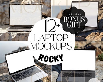 12+ Rocky Laptop Mockup Bundle | Nature Macbook Pro Screen Mock Ups, Social Media Cover, Website Mocks, Canva Template for Etsy Sellers