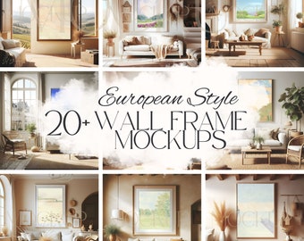 European Style Wall Frame Mockup Bundle | 20+ Realistic Living Room Mockups, Blank Frame Wall Art Mock Ups, Canva Template, Picture Frame