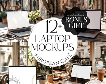 12+ European Café Laptop Mockup Bundle | Macbook Screen Mock Ups, Social Media Cover, Digital Website Mocks, Canva Template for Etsy Sellers