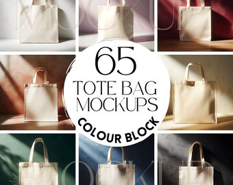 65 Tote Bag Mockup Bundle | Colour Block Style | Canvas Totes Mock Ups for Print on Demand Etsy Sellers | Printify Mocks | Canva Template