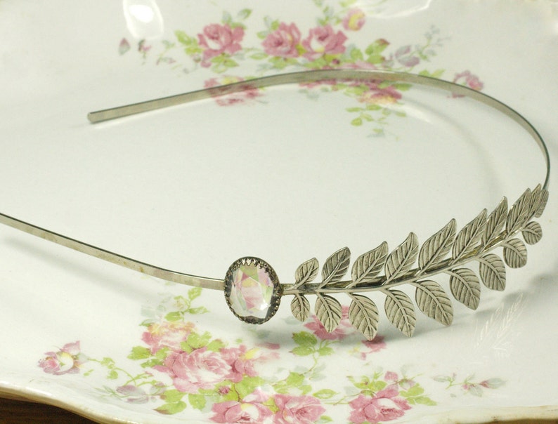 Bridal headband crystal leaf vintage jewel elegant ancient grecian goddess fern antique silver gem wedding hair accessory custom colors