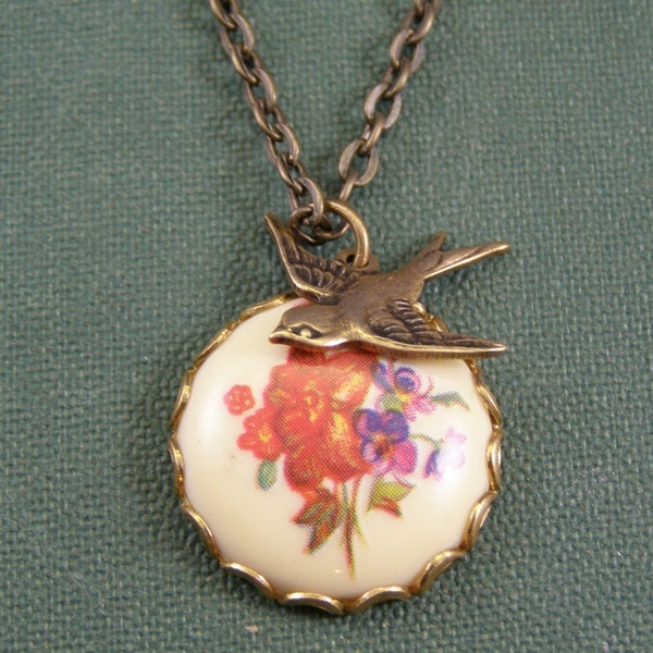 Floral cabochon necklace vintage bird brass