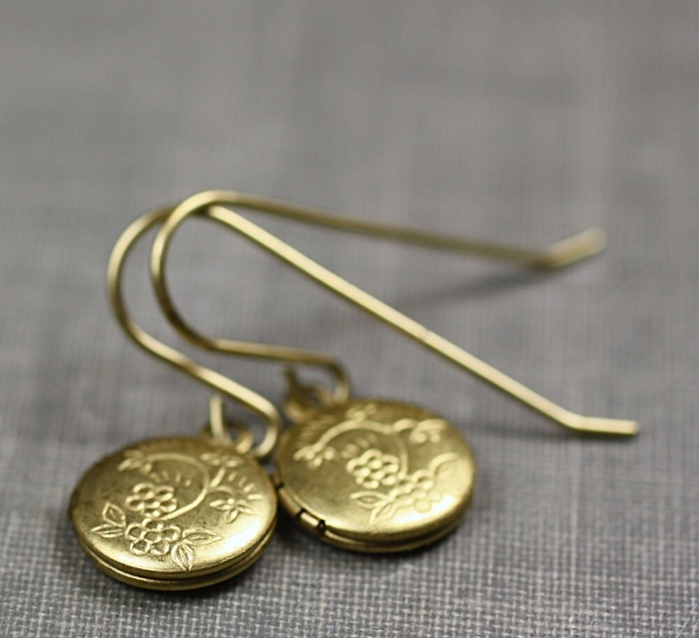 Locket earrings vintage brass floral engraved petite Etsy