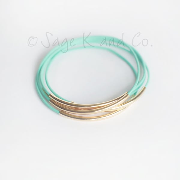 Mint Leather And Gold Tube Bangle Bracelet- Mint, Yellow, Turquoise, Gray, Pink, White and Black