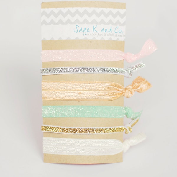 Garland Elastic Hair Tie Pack of Six-  Gold, Silver, Mint, Peach, Pink, White