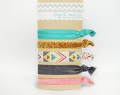 Aztec Elastic Hair Tie Pack of Six-  aztec, pink, gray, gold, teal