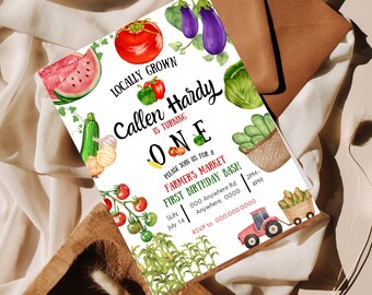 May include: A white invitation with a watercolor illustration of vegetables and a tractor. The text reads "Locally Grown is Turning One Callen Hardy" and includes details for a Farmer's Market First Birthday Bash on Sunday, July 14th at 2pm-4pm.