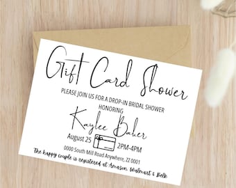 May include: A white card with black text announcing a Gift Card Shower for Kaylee Baker on August 25th from 2 PM to 4 PM. The address is 0000 South Mill Road Anywhere, ZZ 0001. The happy couple is registered at Amazon, Walmart & Belk.