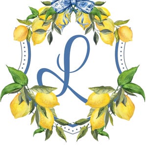 May include: A watercolour illustration of a wreath of lemons and leaves with a blue ribbon bow and the letter "L" in the centre.