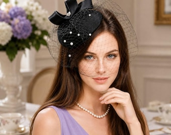 Elegante mini tocado con velo, sombrero de cóctel con lazo de perlas, tocado para fiesta de té de boda, accesorio para el cabello para el día de la carrera Derby.