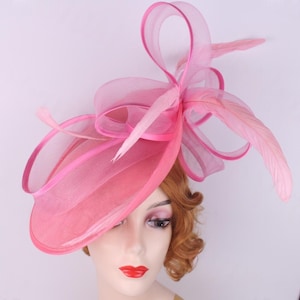 May include: A pink formal hat with a wide brim and decorative accents. The hat features a mesh overlay, ribbon detailing, and feather embellishments. The hat is designed for special occasions.