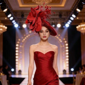 Op de afbeelding: Een vrouw in een rode strapless jurk en een bijpassende rode hoed met een groot bloemenaccent en net loopt over een catwalk. De hoed is het middelpunt, met zijn dramatische ontwerp. De verlichting en achtergrond suggereren een modeshow.