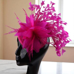Op de afbeelding: Een levendige fuchsia fascinator met een grote, gevederde bloem en delicate veermotieven. De hoofdband is gemonteerd op een kleine, ronde basis, waardoor een dramatisch en opvallend ontwerp ontstaat. Perfect voor speciale gelegenheden.
