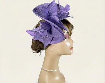 Purple Feather Fascinator Hat, Wedding Races Church Headpiece