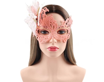 Pink Rhinestone Masquerade Mask with Butterfly, Prom Party Mask
