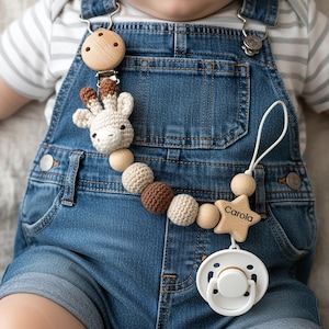 Zachte gehaakte fopspeenclip voor babynaam – gepersonaliseerde fopspeenhouder