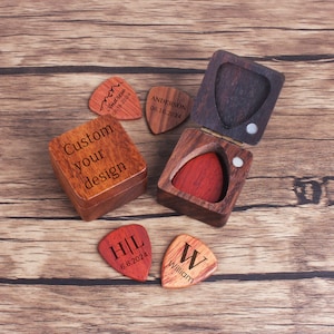 Gravierte hölzerne Gitarren-Pick-Box-Set: Personalisierte Picks & Aufbewahrungskoffer, kundenspezifischer Gitarren-Plektrumhalter für Gitarristen, Geburtstagsgeschenk für Musiker