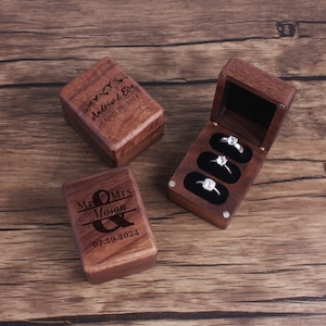 Triple Walnut Wood Ring Box Holder, Custom Ring Box for Engagement & Wedding Ceremony, 3 Slots Ring Bearer Box, Personalized Monogram Gift