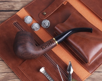 Pipa de tabaco de madera grabada personalizada - Juego de pipa artesanal con accesorios para fumar, regalo de cumpleaños para papá, propuesta de matrimonio personalizada para padrinos de boda
