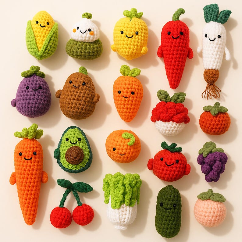 Peut inclure: Une collection de 18 aliments en crochet, dont une carotte, un avocat, une cerise, un radis, des raisins et une vari&eacute;t&eacute; de fruits et l&eacute;gumes.