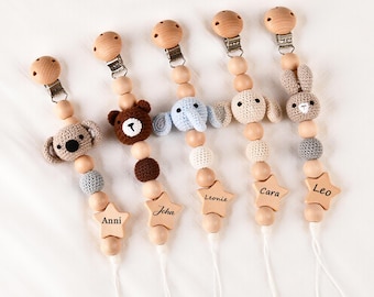 Attache-suce animal personnalisé au crochet - Attache-tétine en bois