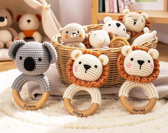 Personalized Crochet Animal Rattle – Engraved Wooden Baby Toy