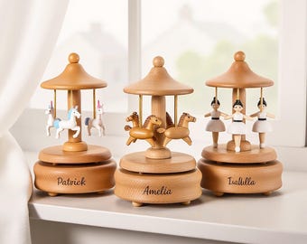 Personalized Wooden Carousel Music Box – Engraved Nursery Keepsake