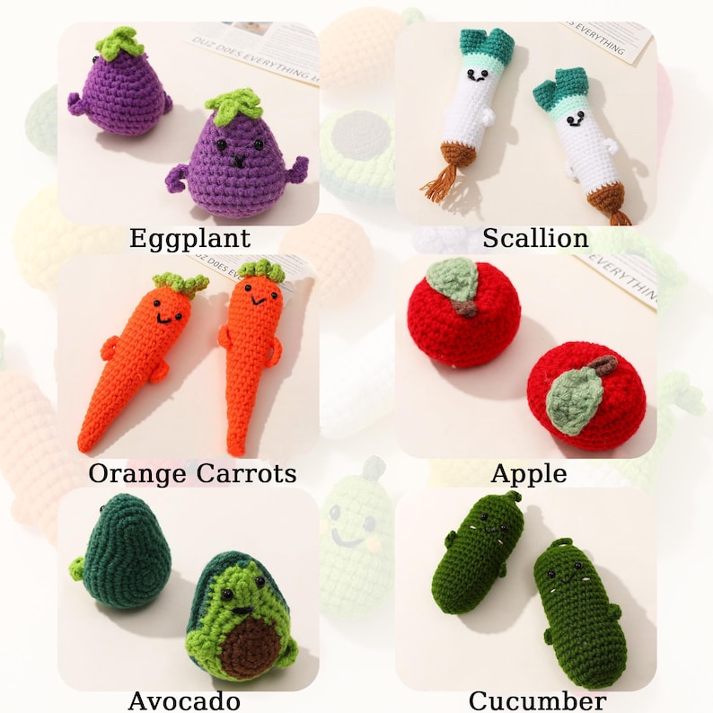 Peut inclure: Un ensemble de dix l&eacute;gumes amigurumi en crochet, comprenant une aubergine, une ciboulette, des carottes orange, une pomme, un avocat et un concombre. Chaque l&eacute;gume a un visage mignon et de style dessin anim&eacute;.