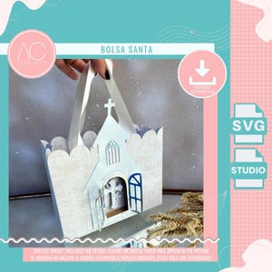 May include: A white paper church-shaped gift bag with a cross on top and a cross-shaped window. The bag has a scalloped top edge and a handle. The text "BOLSA SANTA" is visible. The image also includes the text "SVG" and "STUDIO".