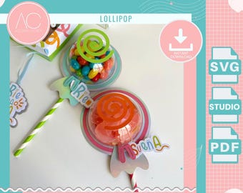 May include: A lollipop-themed design with two clear plastic containers filled with candy. One lollipop has an orange swirl, the other has a green swirl. The image includes the word "Lollipop" and the words "Instant Download".