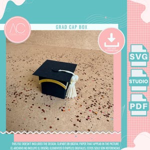 May include: A black graduation cap box with a gold accent and a white tassel. The box is square with a flat top, and the text "GRAD CAP BOX" is visible. The image also includes the text "INSTANT DOWNLOAD", and file type icons for SVG, STUDIO, and PDF.