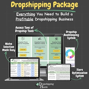 May include: A computer screen displaying a dropshipping package with tools for building a profitable dropshipping business. The tools include supplier phone approval templates, dropship product selection criteria, supplier email approval templates, dropship bookkeeping system, and store optimization system. The screen also shows a table with a list of niche ideas and their search volume and CPC.