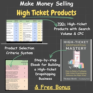 May include: A green and white laptop screen displaying a spreadsheet with the text "Make Money Selling High Ticket Products" and "700+ High-ticket Products with Search Volume & CPC". A green and white tablet screen displays a chart with the text "Product Selection Criteria System" and "Level of Importance 0-10". A green and white book cover with the text "Step-by-step Ebook for Building a High-ticket Dropshipping Business & Free Bonus" and "HIGH-TICKET DROPSHIPPING MASTERY How to Build a Profitable High-ticket Dropshipping Business the Right Way! Thomas Sleeth - Dropshipping Hustle"