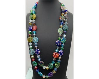 Long Venetian Murano Millefiori Hand Knotted Glass Discs & Crystal Necklace 48"