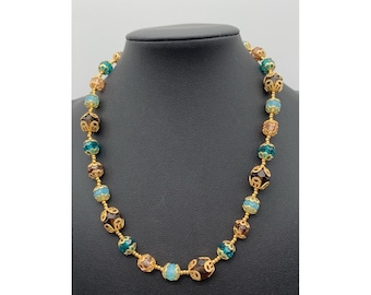 Gold Tone AB Coated Crystal Necklace With Gold Tone Filigree Caps Beautiful