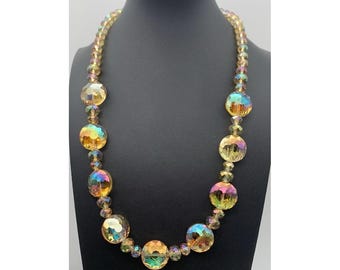 Impresionante collar vintage de cuentas gruesas de cristal facetado Aurora Boreal 20