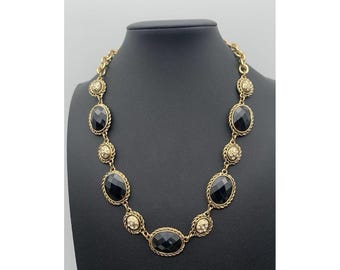 Vintage Glam Jones New York Gold Tone Black Faceted & Clear Rhinestone Necklace