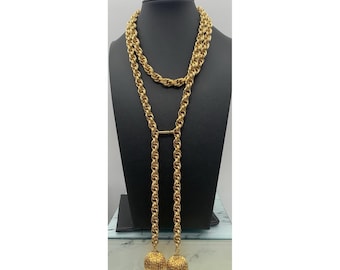 Vintage Gold Tone Chunky Chain Lariat Style Necklace With Open Work Balls