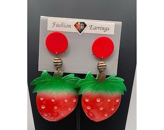 Vintage NOS Large Handpainted Coconut Shell Strawberry Earrings