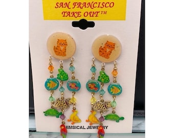 Vintage NOS San Francisco Take out Pets Themed Cat Dog Bird Etc Dangle Earrings