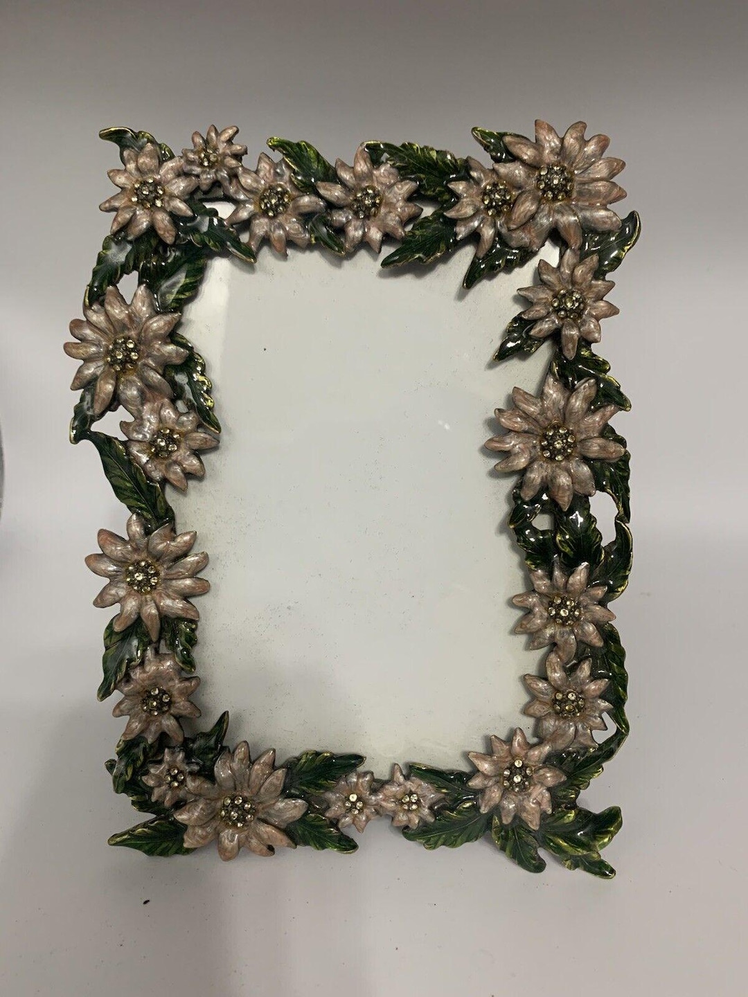 Vintage Metal Enamel Blue Rhinestones & Flowers Photo Frame Easel Holds ...