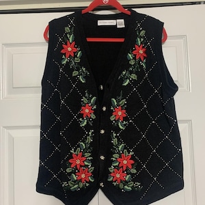 Vintage Victoria Jones Christmas Poinsettia Cardigan Sweater Vest L Embroidered