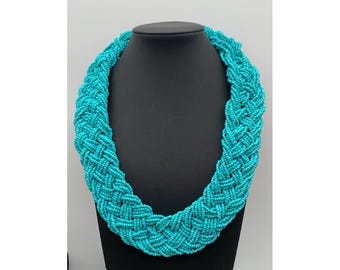 Vintage Turquoise Color Seed Bead Necklace Multi Strand Woven Braided 16-20 inch