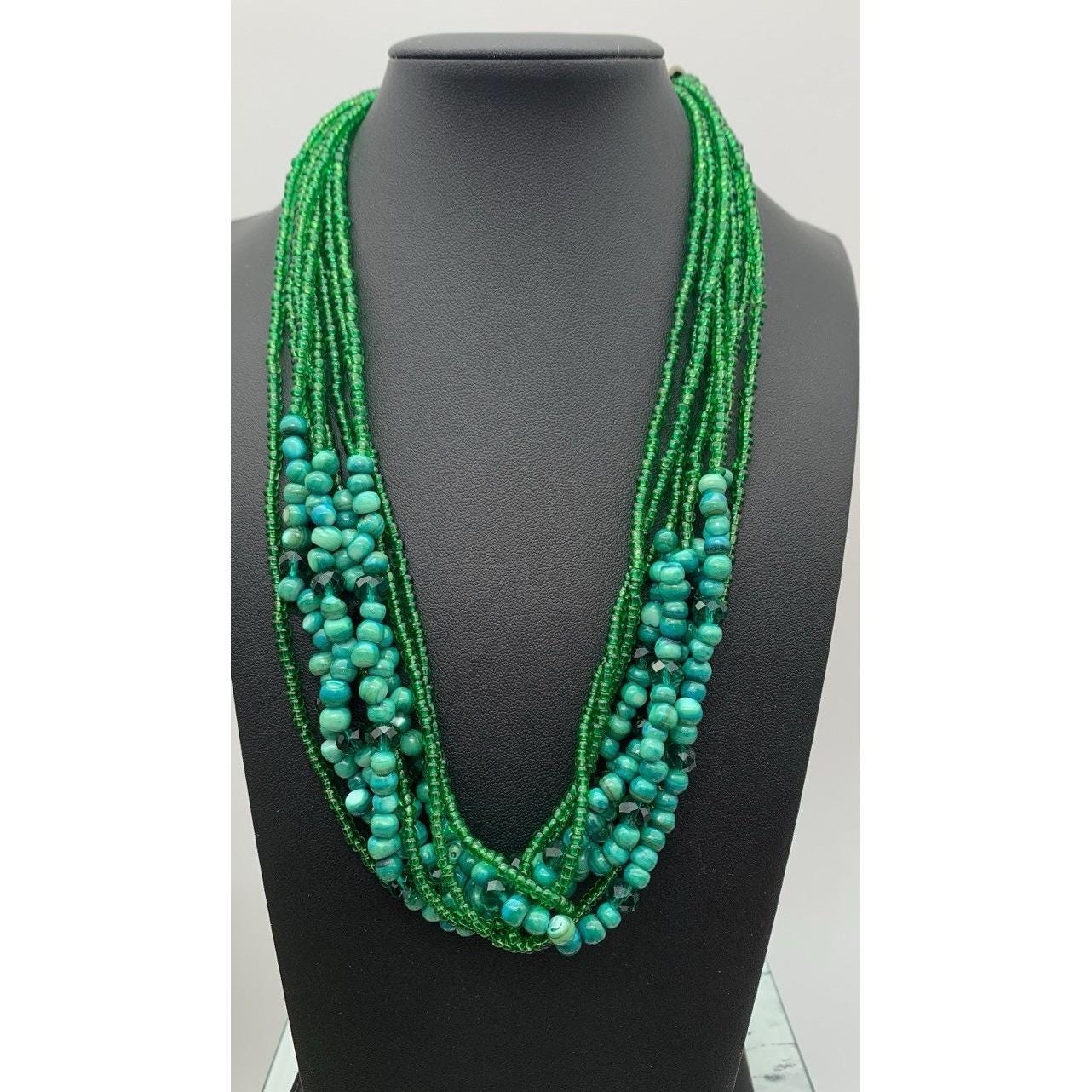 Vintage Beautiful Multi Layered Green Glass Seed Bead Necklace W 
